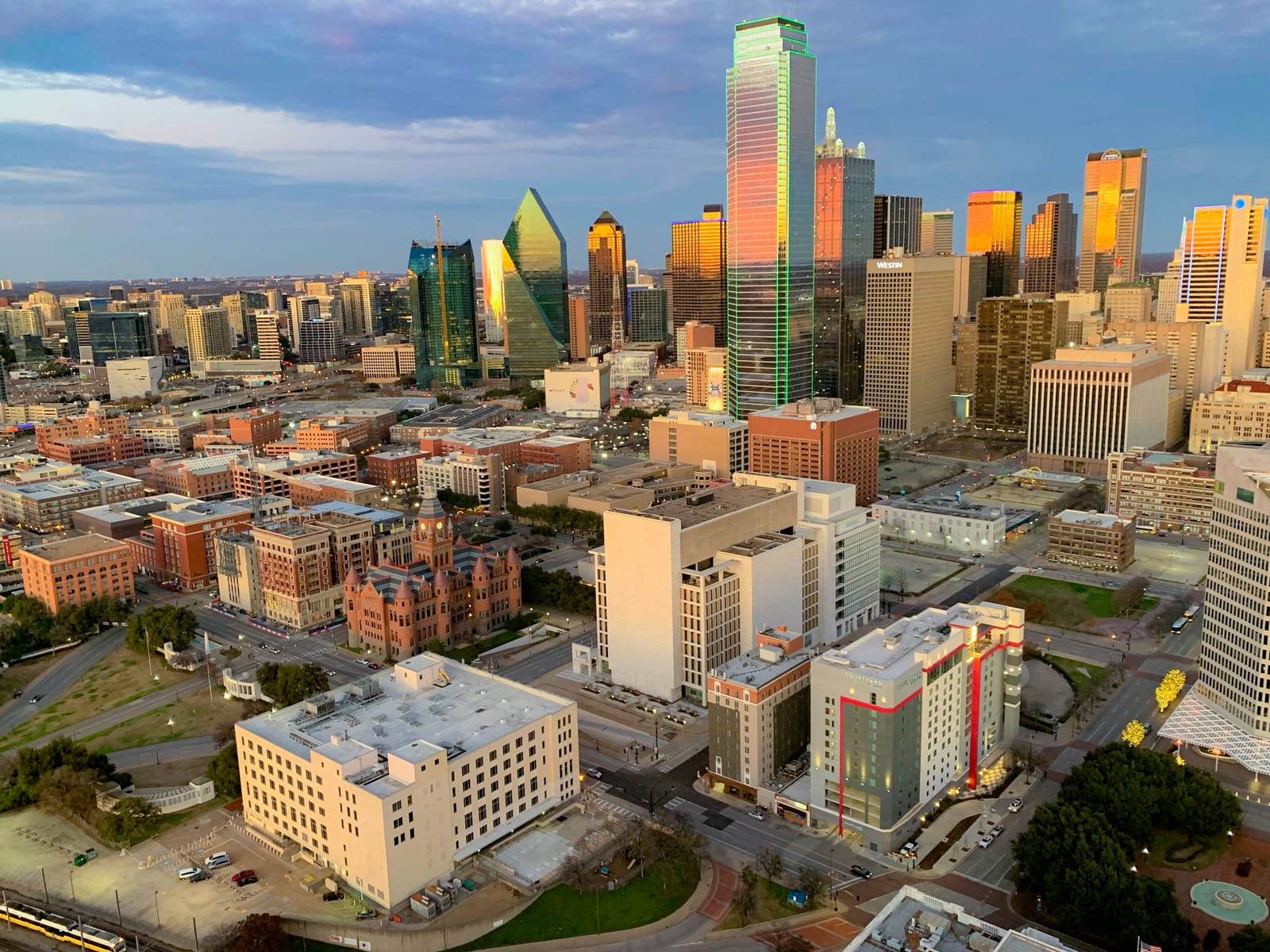 View from Reunion Tower over the Old Red Courthouse, Dealey Plaza and the brick West End in downtown Dallas